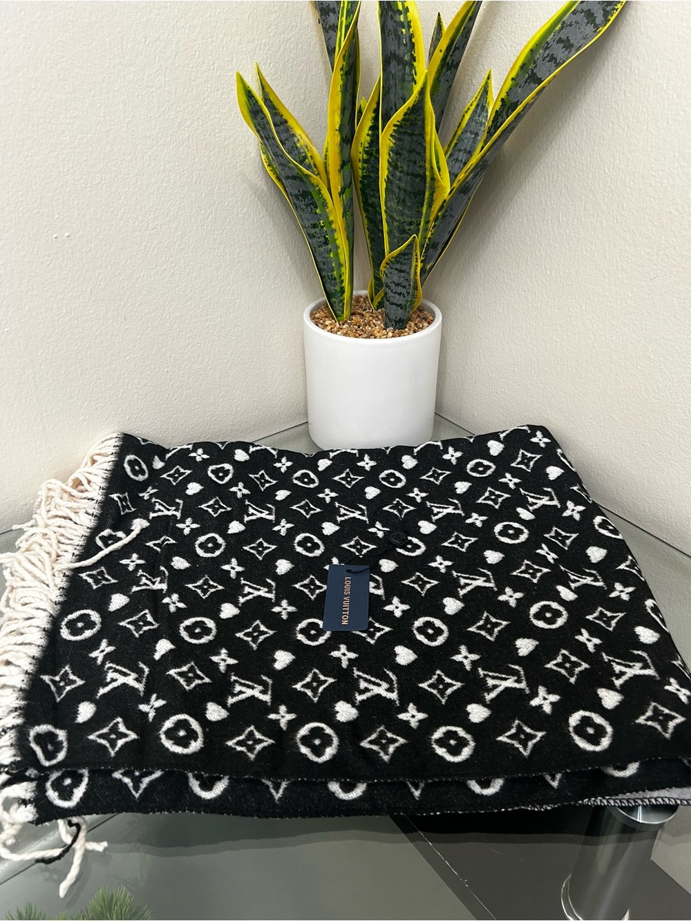 Louis Vuitton Black & White Monogram Fringed Blanket Scarf